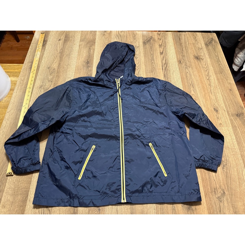 Vintage Navy Blue Windbreaker Jacket Neon Yellow Zip Hooded Mesh Lined XL 18